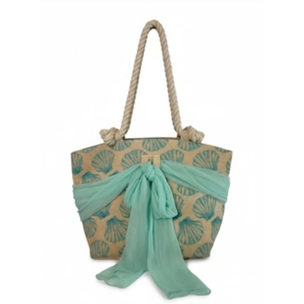 Mud Pie Teal Seashell Jute Tote Bag Rope Handles Chiffon Bow Coastal Beach Bag